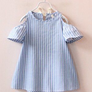 Blue-White Stripe Off Shoulder Cotton Mini Girl Dress
